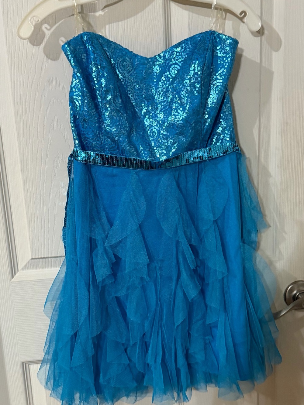 Teeze Me Strapless Sequined & Ruffled Tulle Teal Blue Party Dress 9